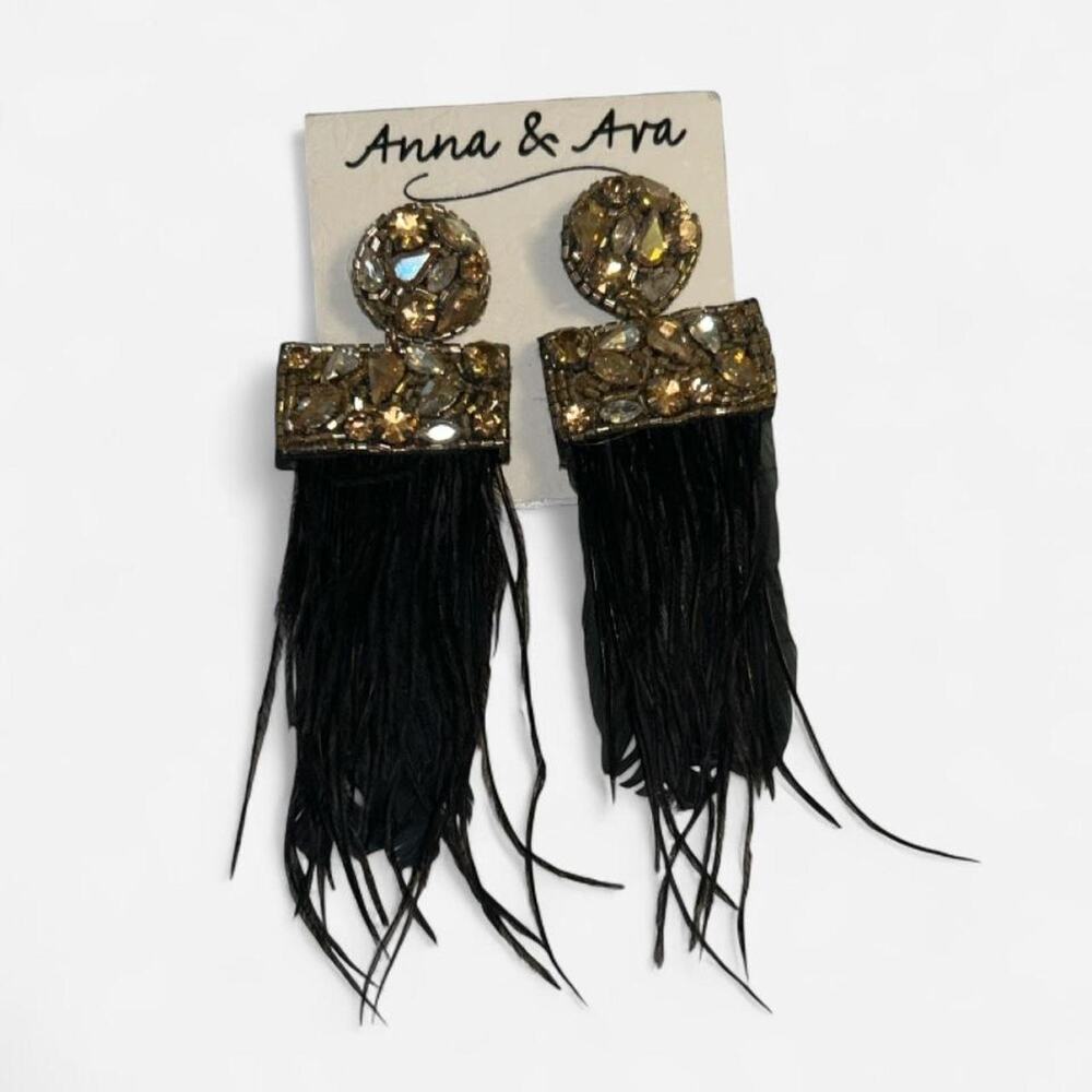 Black Feather Earrings with Gold Embellishments by Anna & Ava  - New